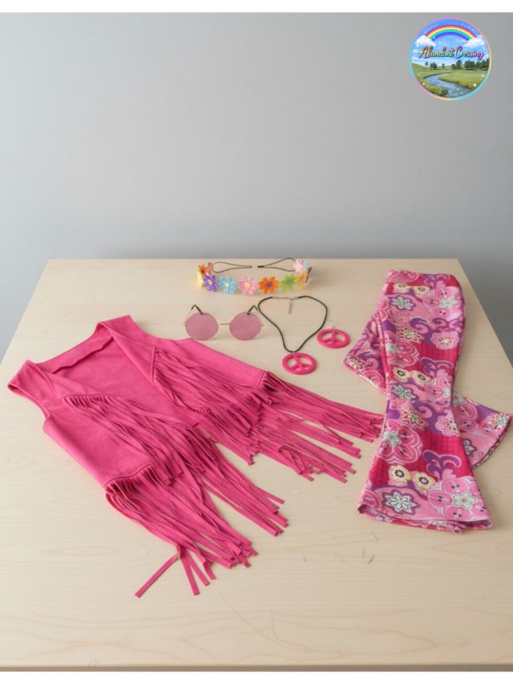 70s Hippie Costume Set Faux Suede Fringe Vest Flared Pants Peace Accessories